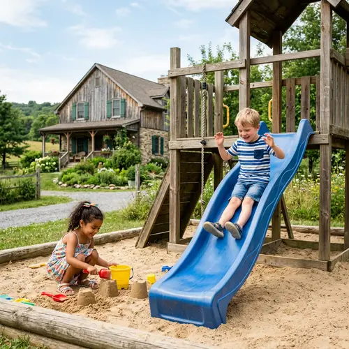Beautiful Children Playing on Wooden Playground