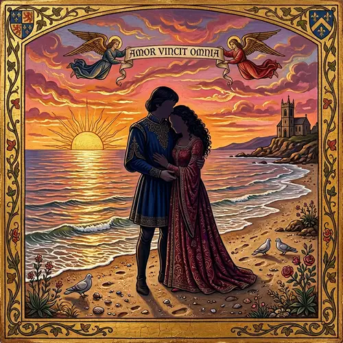 Romantic Sunset Beach Painting in Gothic Style