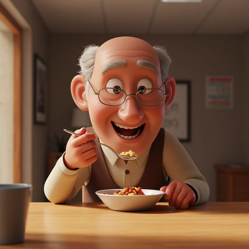 3D Pixar Style: Happy 80-Year-Old with Smart Spoon