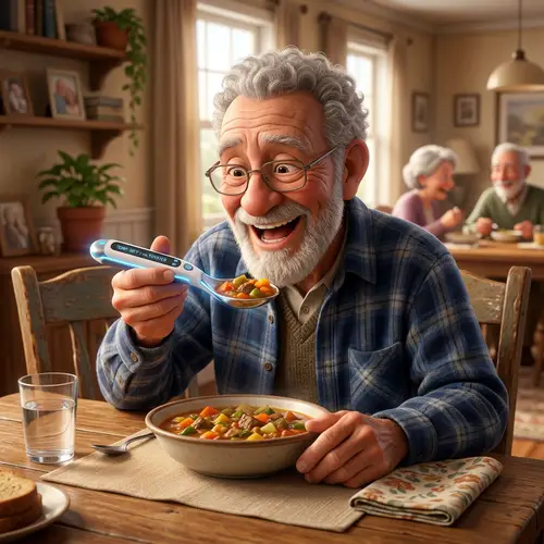 3D Pixar Style: Happy 80-Year-Old with Smart Spoon