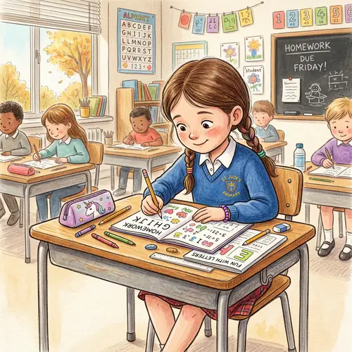 6-Year-Old Girl Finishing Homework at School