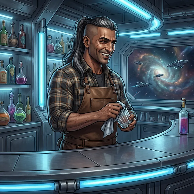 Rugged Intergalactic Bartender with Lumberjack Style | Inclusive Galaxy Bar Scene
