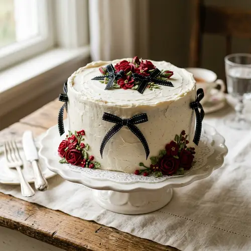Vintage White Dress with Black Bows & Red Flowers