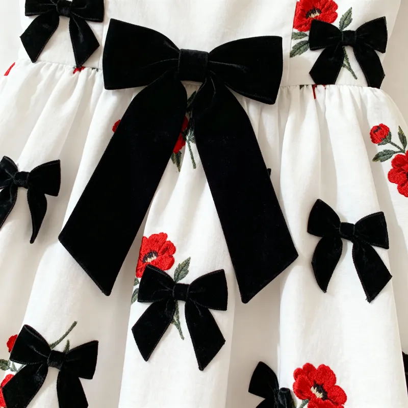 Vintage White Dress with Black Bows & Red Flowers