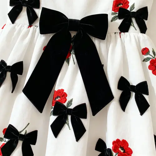 Vintage White Dress with Black Bows & Red Flowers