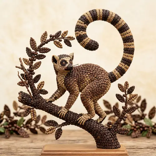Unique Ring-tailed Lemur Sculpture Made of Coffee Beans