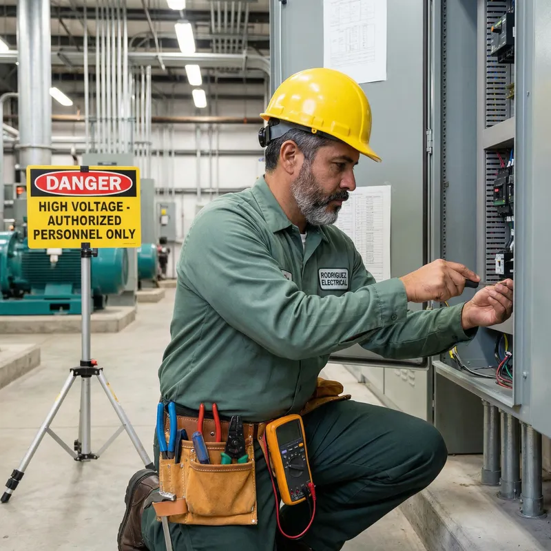 Professional Hispanic Electrician Green Electrical Panel