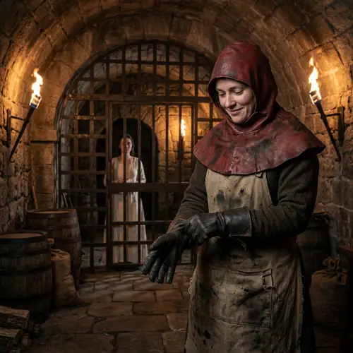 Medieval Castle Basement Scene: Woman in Red Leather Hood