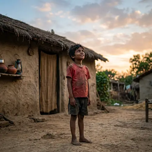 Hopeful Indian Boy in Front of Mud Hut