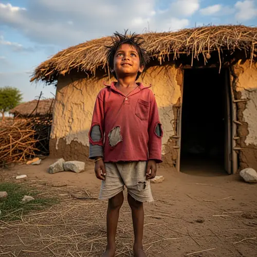 Hopeful Indian Boy in Front of Mud Hut