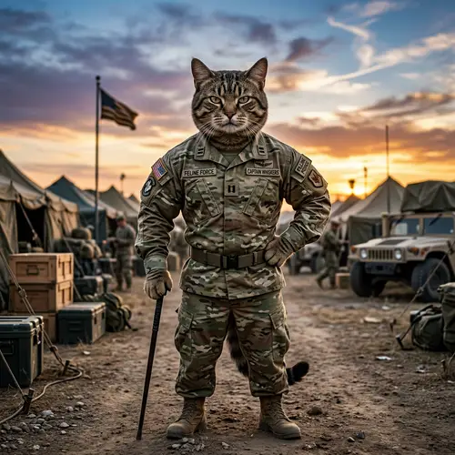 Muscular Cat in Military Uniform | Commanding Feline