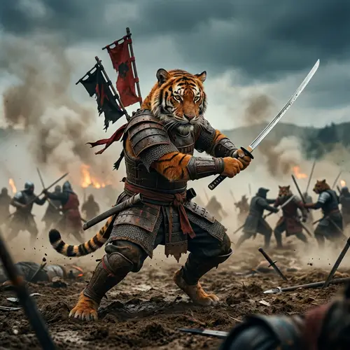 Fierce Feline Warrior: Katana Combat Scene