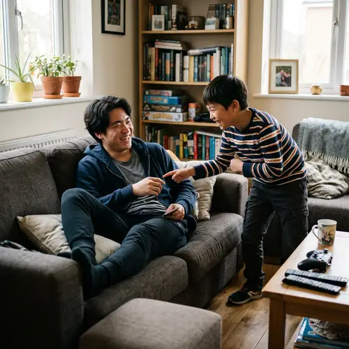 Asian Male Relaxing in Casual Clothing with Playful 12-Year-old Brother Nearby