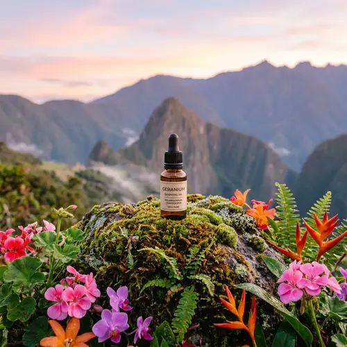 Geranium Oil Bottle in Tropical Oasis | Mountain Backdrop