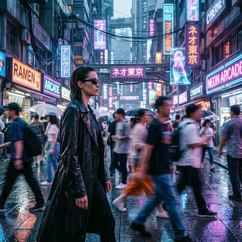 Cinematic Cyberpunk Urban Walk in the Rain