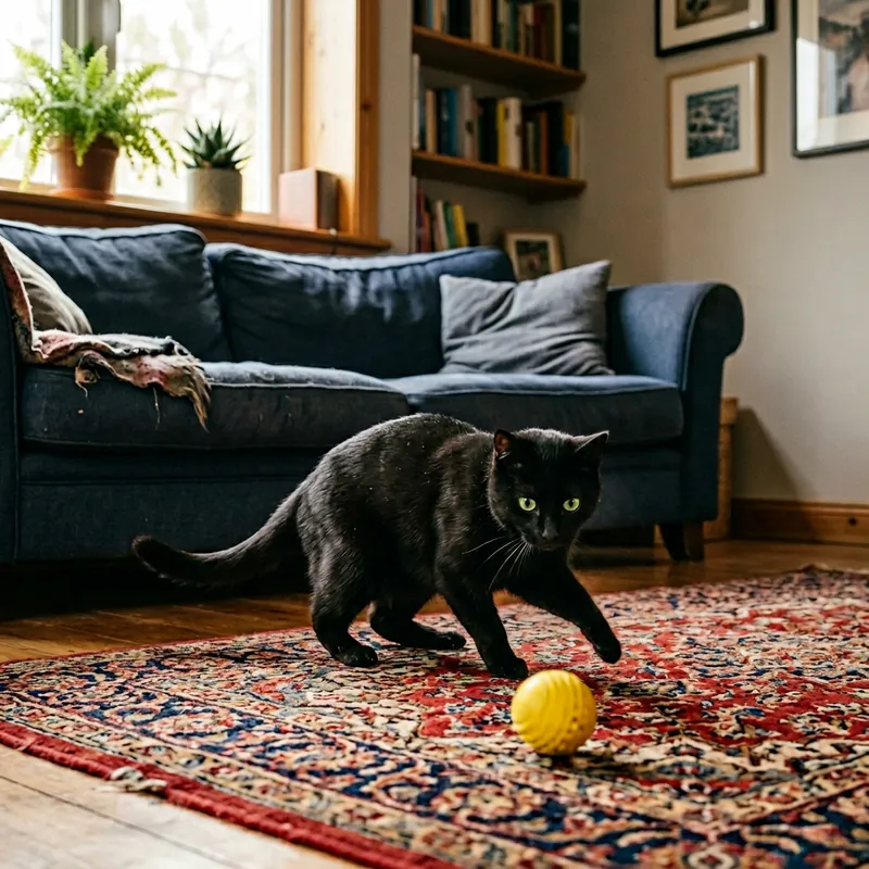 Midnight Black Cat Watchfully Eyeing Yellow Rubber Ball