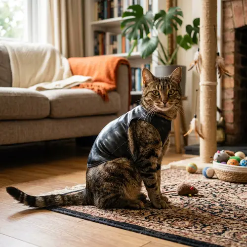 Unique Rubber Singlet Cat: Quirky Image of Cat in Shiny Rubber Apparel