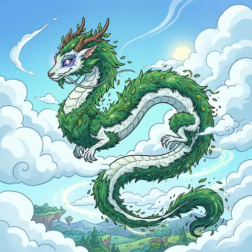 Whimsical White Scales Dragon Soaring Through Sky with Green Fur