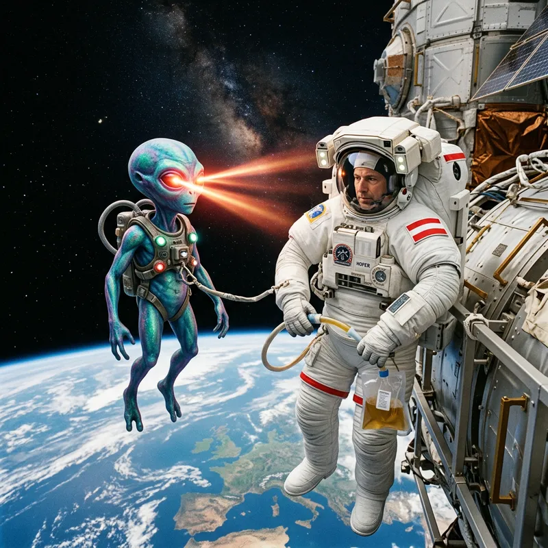 Austrian Astronaut Peeing in Space Next to Laser-Eyed Alien