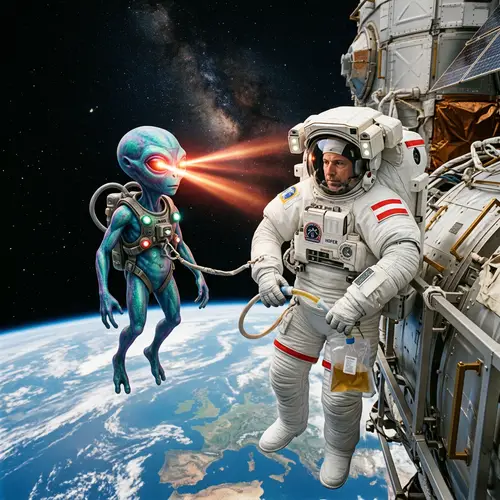 Austrian Astronaut Urinating in Space with Laser-Eyed Alien