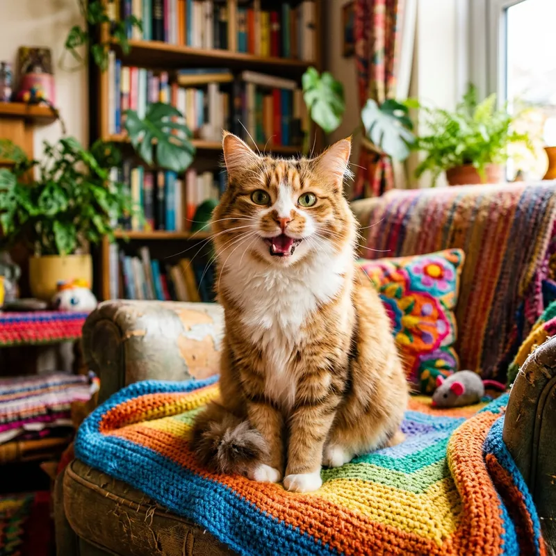 Whimsical Cat Portrait - Vibrant Pet Photography in Cozy Setting Whimsical Cat Portrait - Vibrant Pet Photography in Cozy Setting