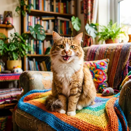 Playful Smiling Cat in Cozy Living Room - Vibrant Pet Photography