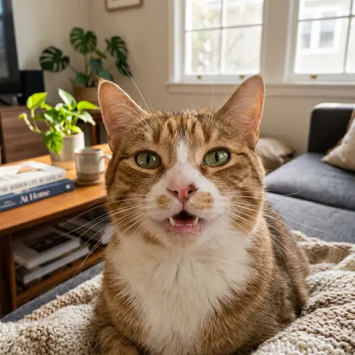 Delightful Feline Close-Up Portrait in Room | Charming Smile & Gleaming Eyes