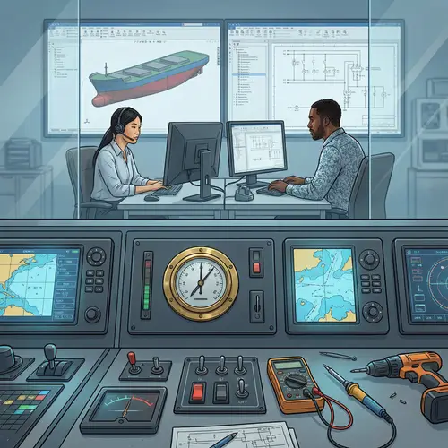 Ship Control Systems Digital Illustration | Engineers Creating Detailed Drawings