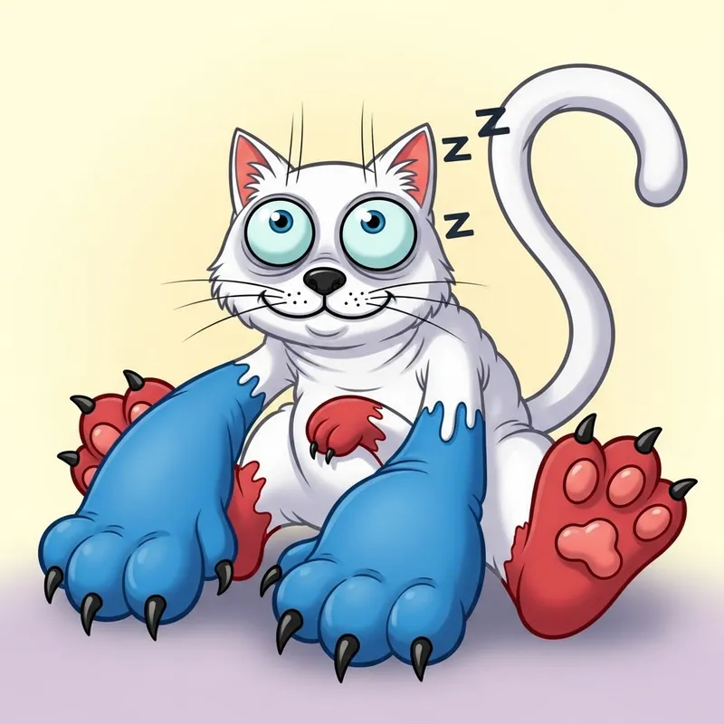 Cute Goopy White Cat with Big Head and Colorful Paws