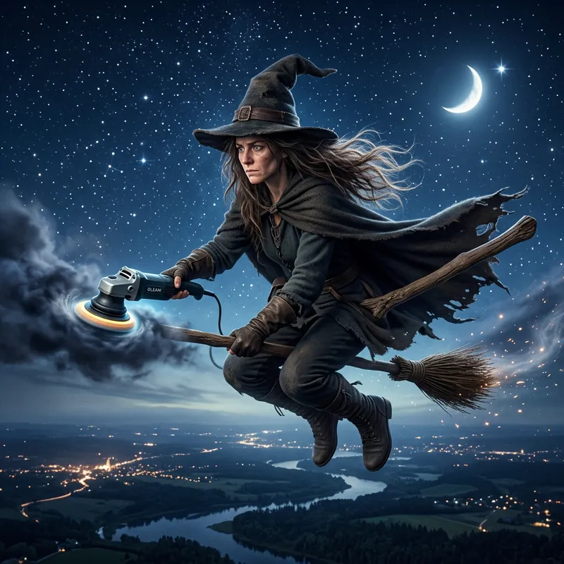 Witch Riding Broomstick with Polishing Machine - Magical Skate
