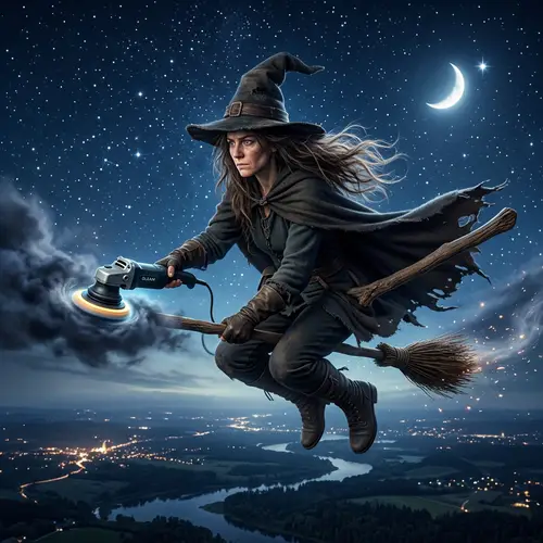 Ambiguous Descent Female Witch Flying with Polishing Machine - Sky View