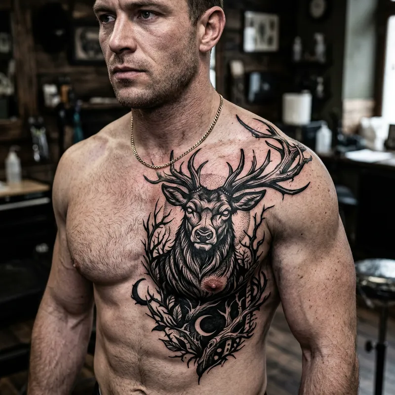 Elegant Stag Chest Tattoo Design in Black Ink Elegant Stag Chest Tattoo Design in Black Ink