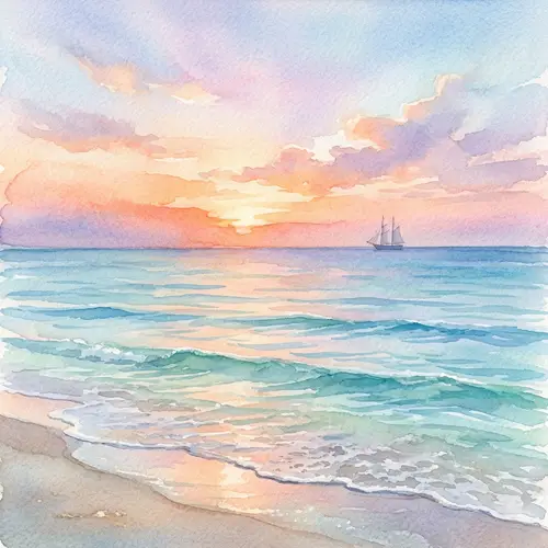 Tranquil Watercolor Seascape with Sunset Sky | Serene Ocean View