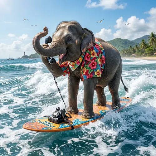 Elephant Balancing on Surfboard in Ocean Talking on Vintage Telephone