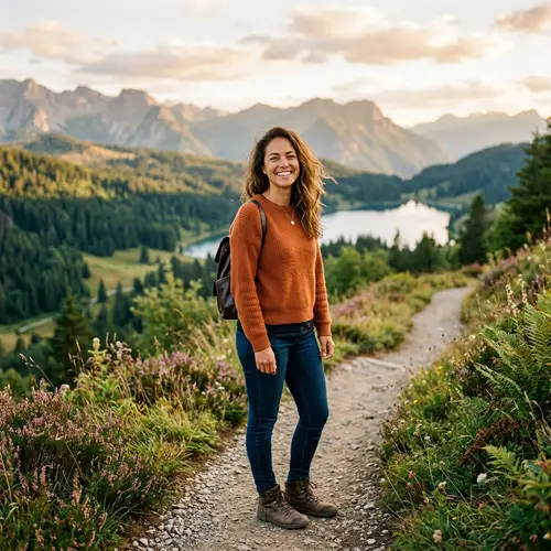 Serene Woman in Natural Setting - Casual Attire & Warm Smile