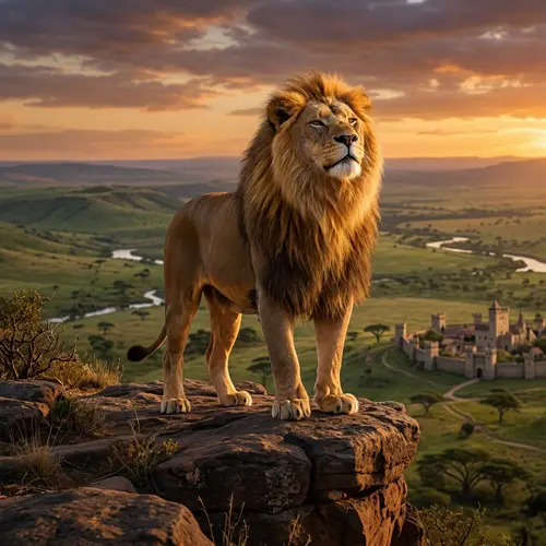 Majestic Lion of Pride Overlooks Vast Kingdom