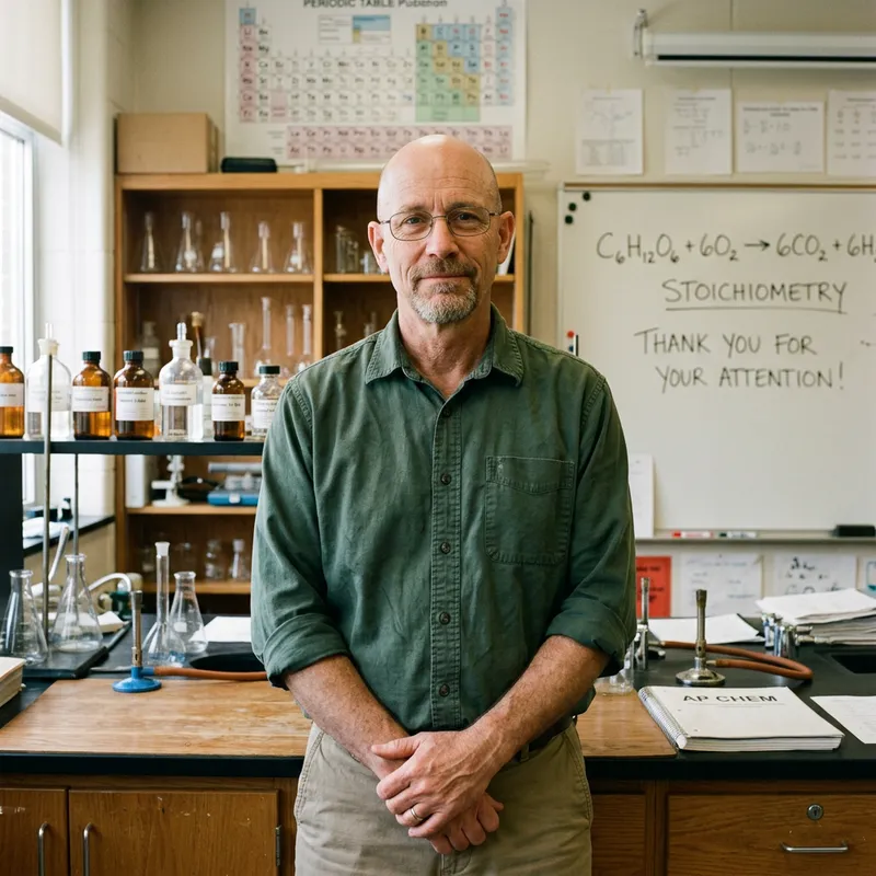 Intelligent Chemistry Teacher Staring at You with a Thankful Expression