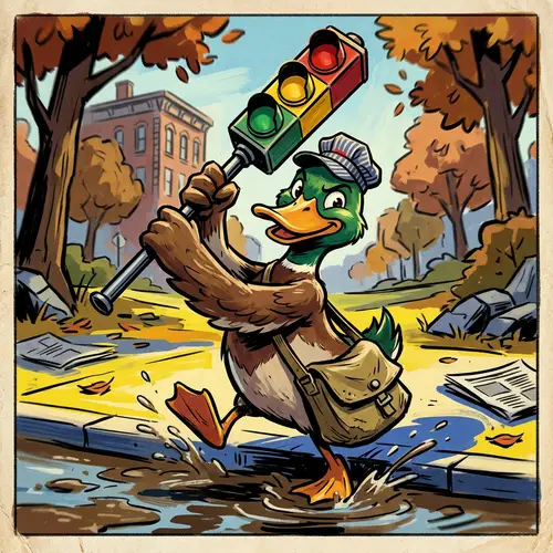 Comic Duck-Like Creature with Colorful Traffic Signal