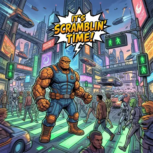 Bold Comic Art Character in Futuristic City - Scramblin' Time!
