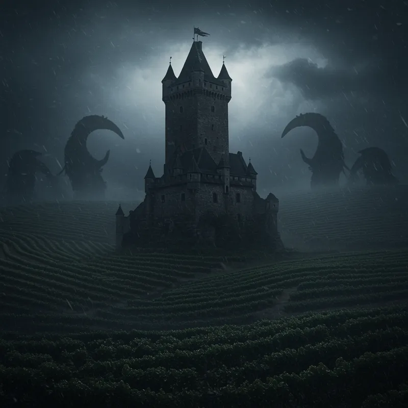 Mysterious Tower Amidst Dark Vineyards