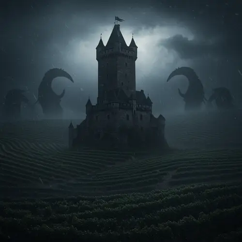 Mysterious Tower Amidst Dark Vineyards