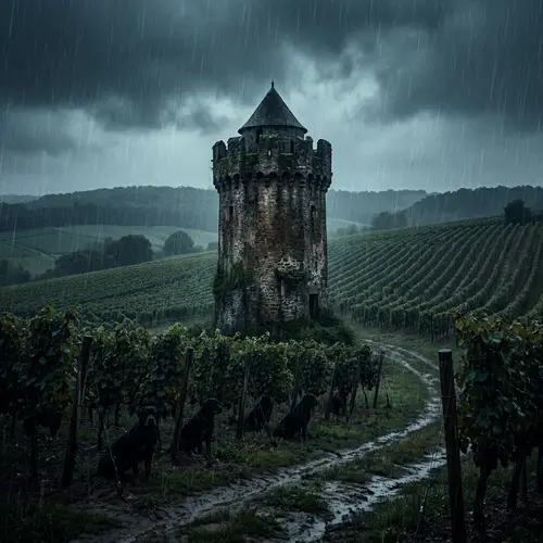 Mysterious Tower Amidst Dark Vineyards