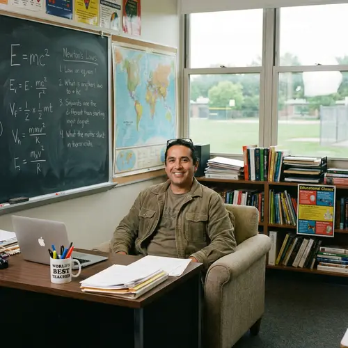 Relaxed Hispanic Male Teacher in School Classroom