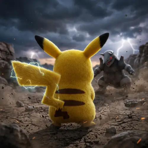 Pikachu's back, urgent and dynamic scene