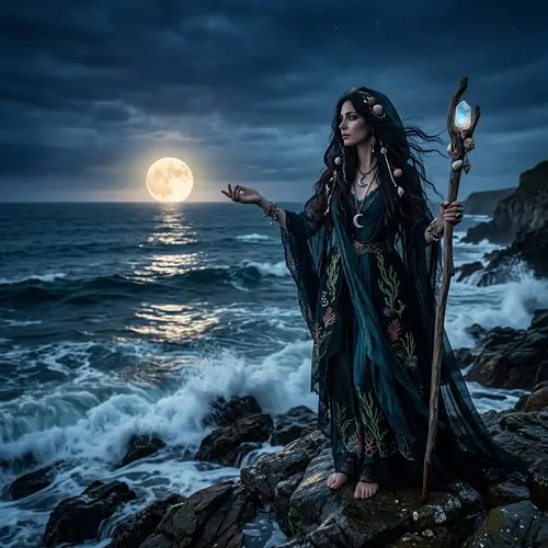 Mysterious Sea Witch by the Ocean at Moonrise
