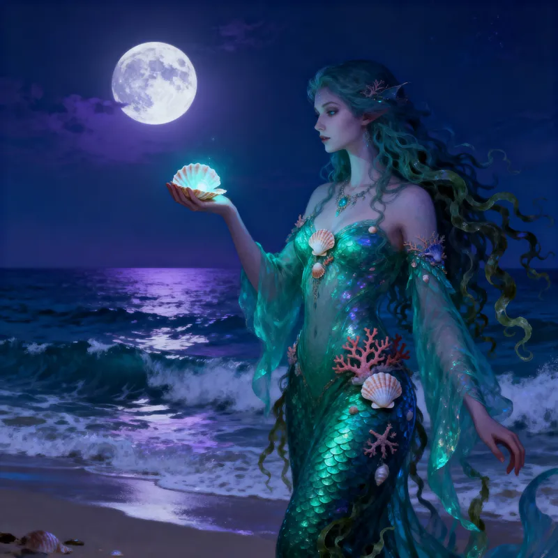 Mysterious Sea Witch by the Ocean at Moonrise