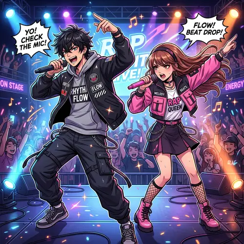 Anime-Style Characters Performing Energetic Rap Song
