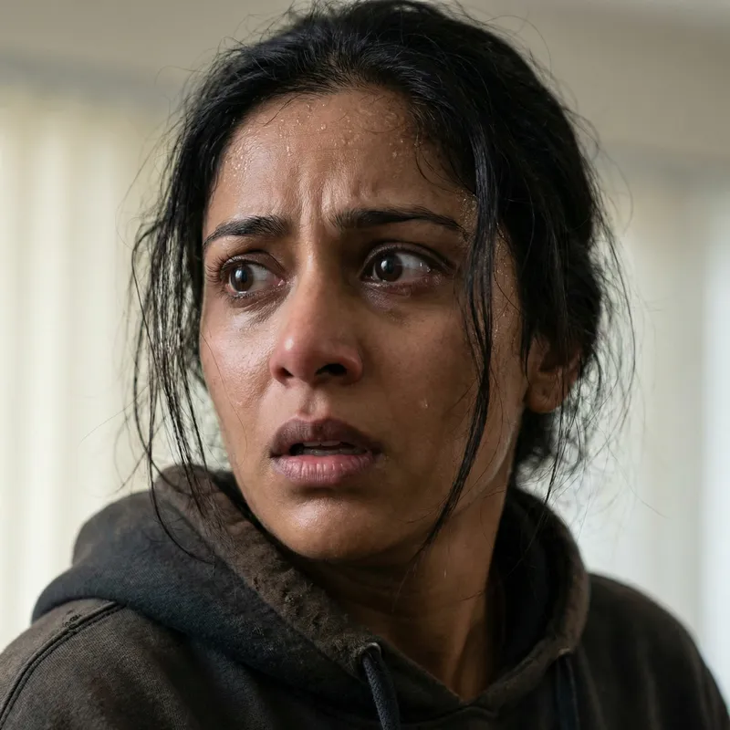 Intense Panic: Close-Up of Scared South Asian Woman