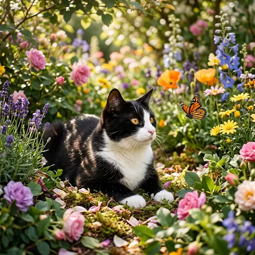 Captivating Cat in a Beautiful Garden Scene