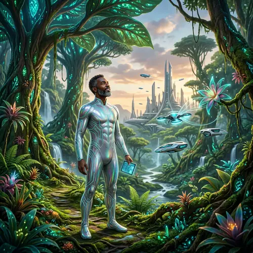 Future Man Embracing Nature's Beauty | Sci-Fi Technology Blend